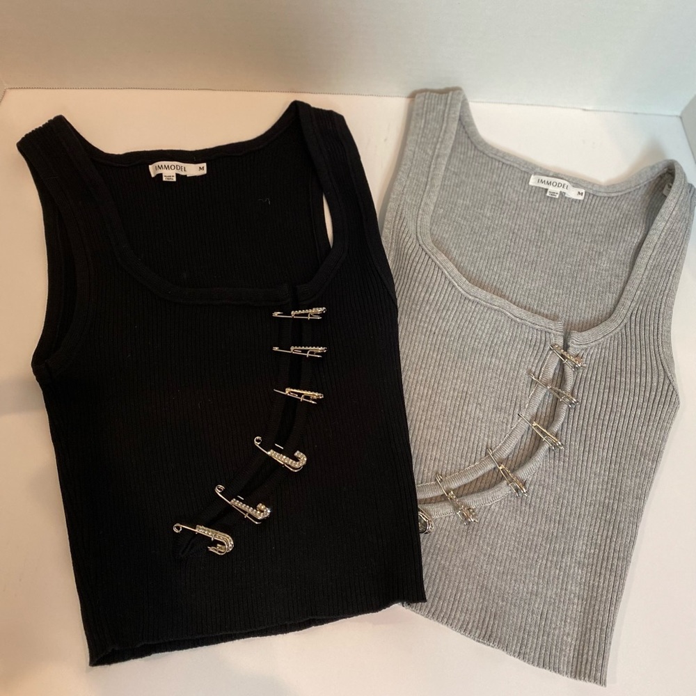 Immodel Black and Grey Crop Top  with Safety Pin Accent Size Medium